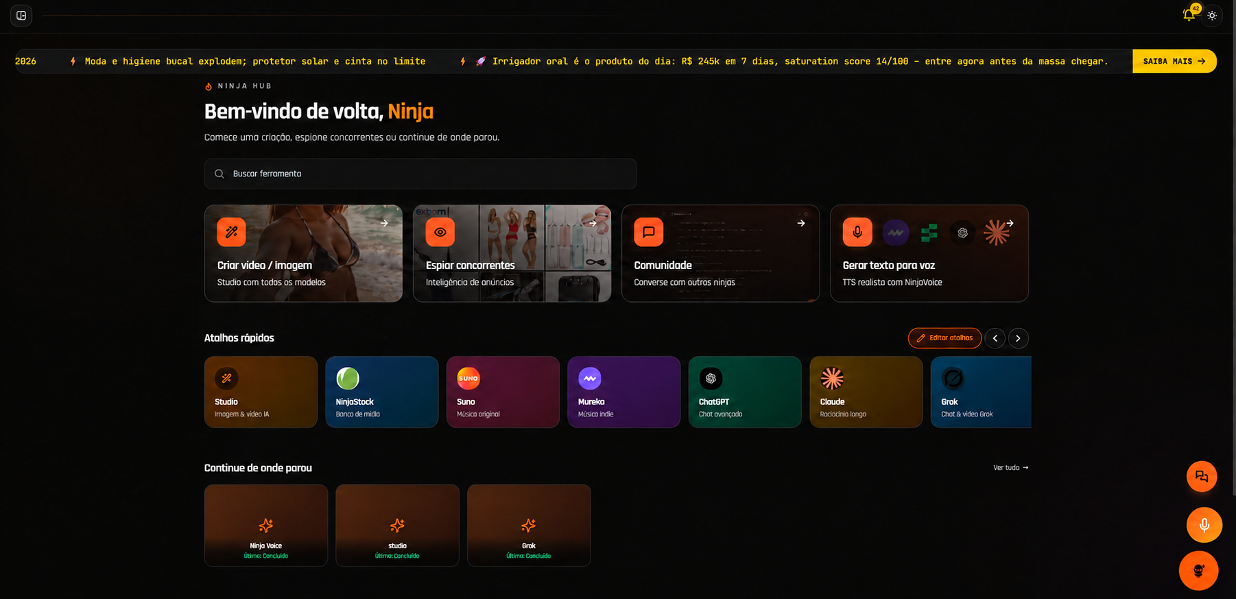 Painel inicial do NinjaBR HUB